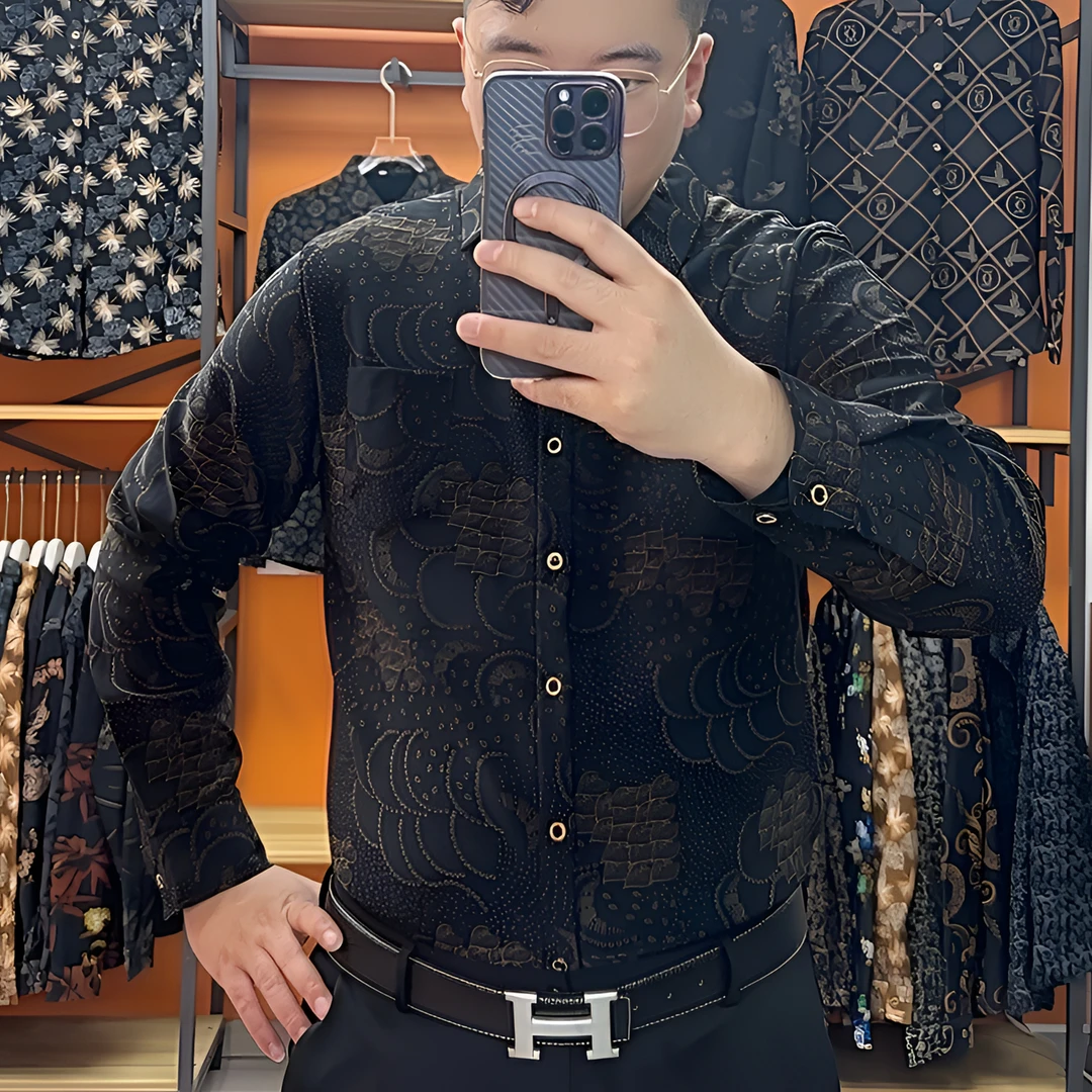 新款男士加绒加厚休闲商务帅修身不紧身百搭长袖冰丝印花保暖衬衫