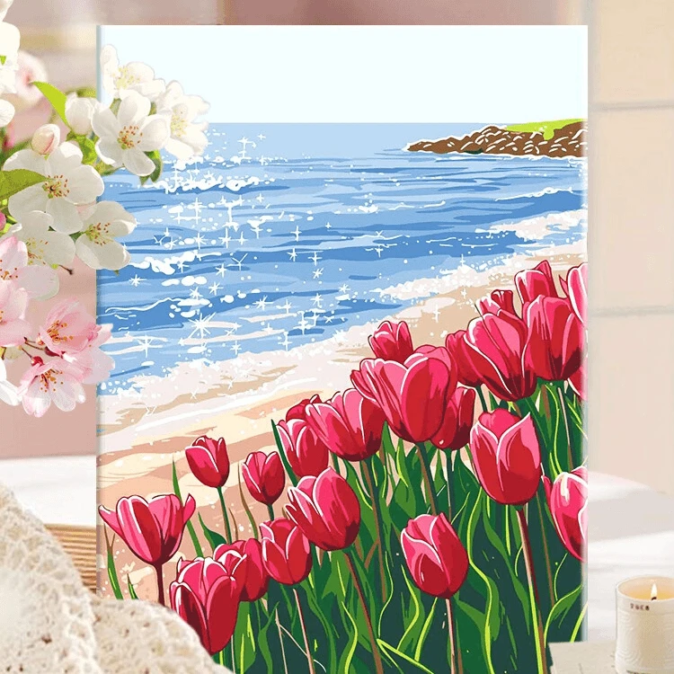 海边郁金香diy数字油画丙烯填充手绘手工风景花卉减压油彩涂色画