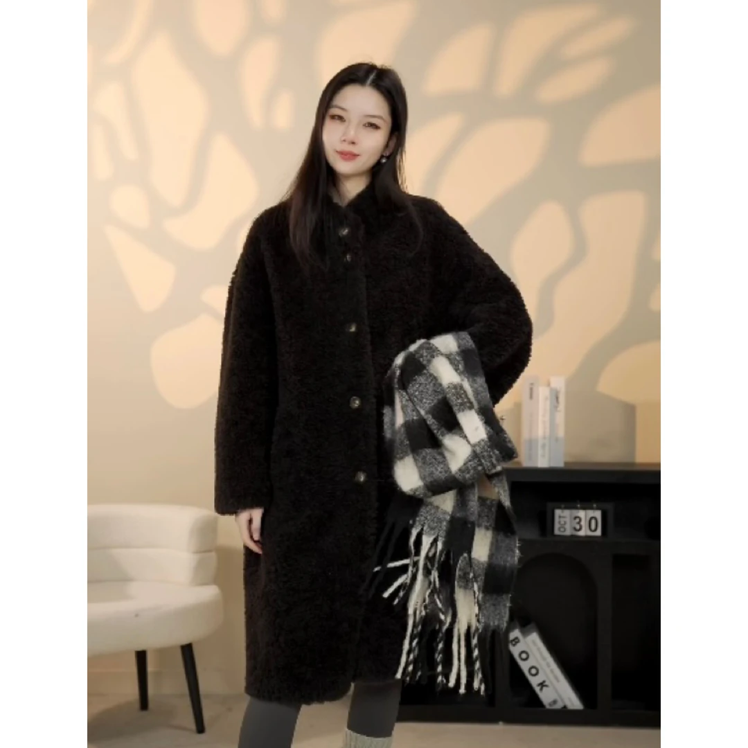 24007冬季全羊毛外套毛外套宽松百搭女宽松大衣长款外套女时尚