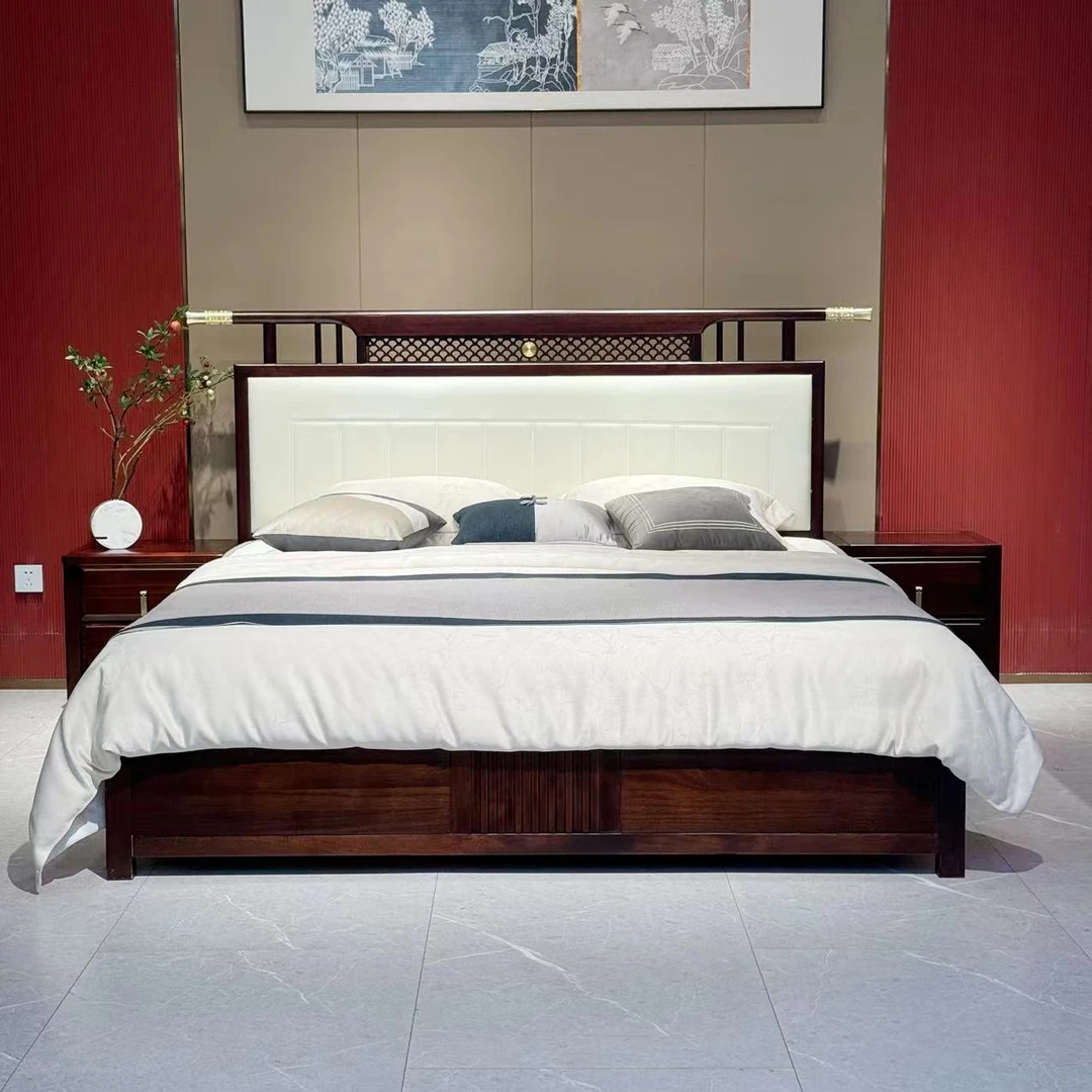 新中式乌金木实木床主卧1.8米软包皮双人床简约现代1.5米实木床HT