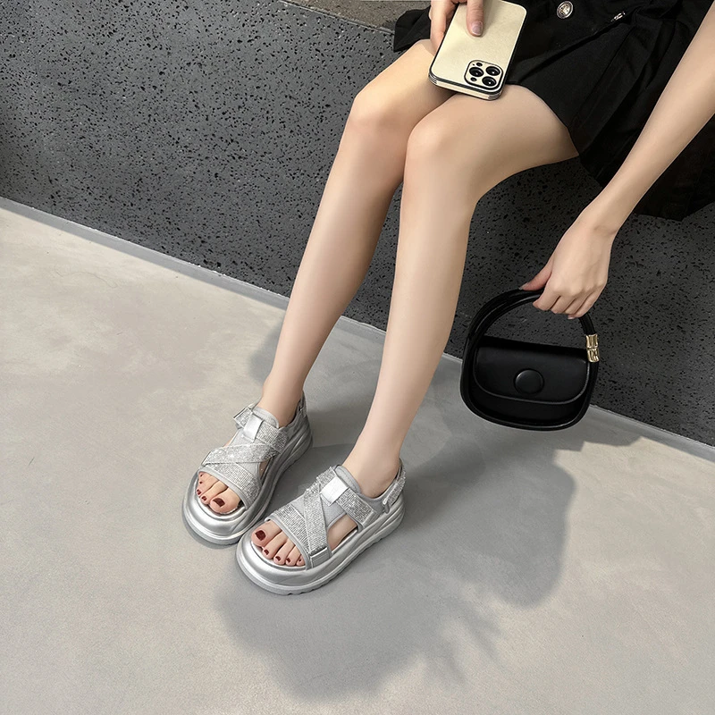 欧洲站水钻凉鞋女2024新款夏季百搭时尚厚底网面魔术贴休闲罗马鞋