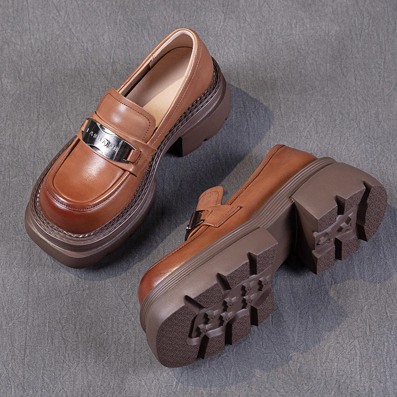 头层牛皮乐福皮鞋女2024年秋季新款百搭真皮厚底休闲复古松糕单鞋