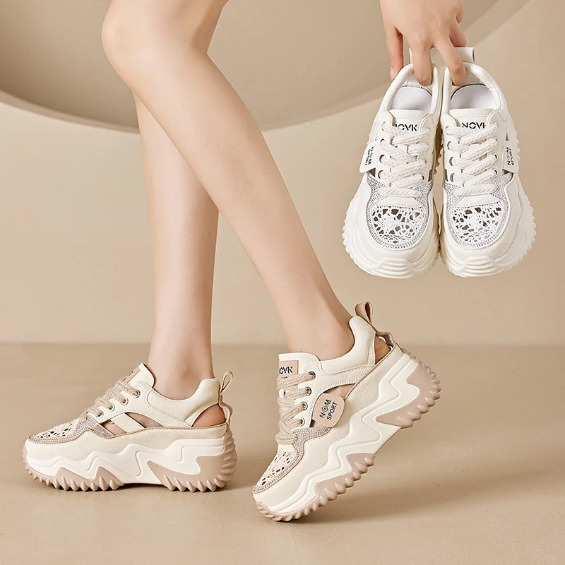 小白鞋透气女夏季镂空单鞋复古时尚轻便休闲内增高女鞋真皮凉鞋子