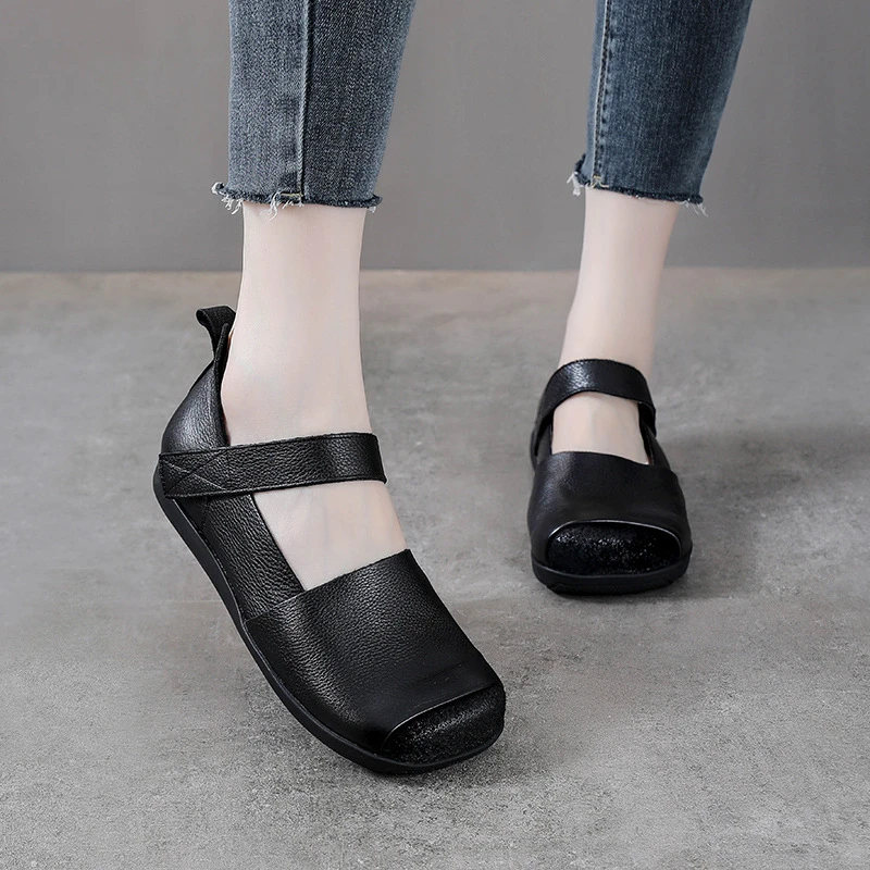 头层牛皮复古真皮女鞋魔术贴懒人鞋平底单鞋舒适百搭扣软底休闲鞋