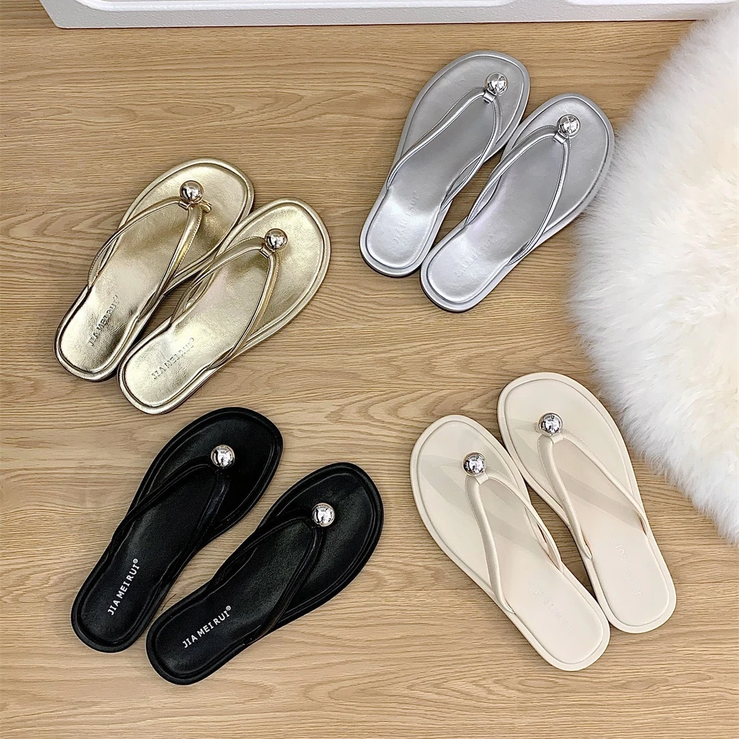 设计感小众平底夹趾拖鞋女鞋外穿2024春夏款银色百搭凉拖人字拖潮