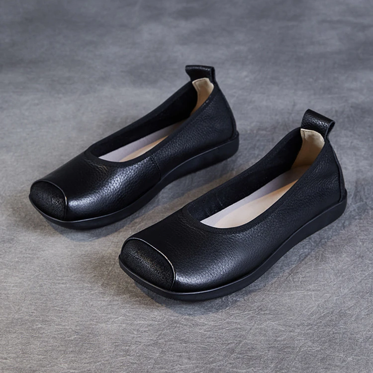 头层牛皮复古单鞋女2024秋季新款平底百搭舒适方头一脚蹬休闲女鞋