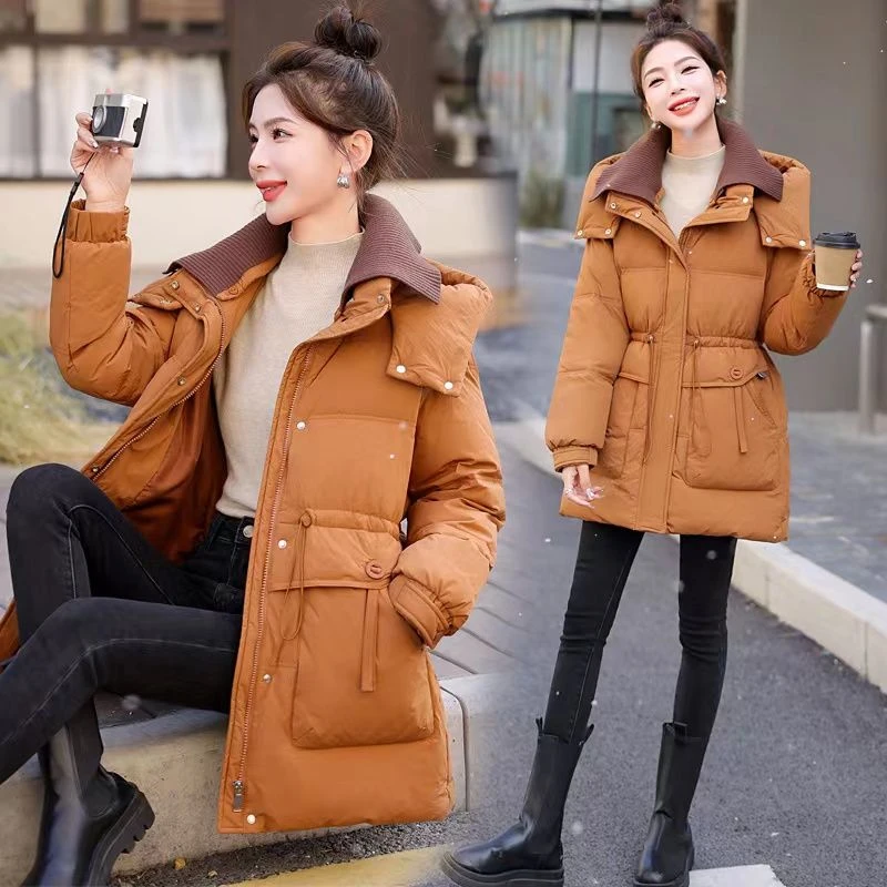 2023冬季新款外套女加厚保暖收腰中长款时尚百搭洋气连帽外套