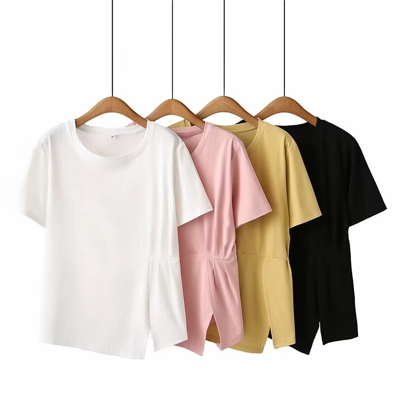 110-200斤大码女装夏季新款正肩圆领短袖上衣褶皱开衩棉质弹力T恤