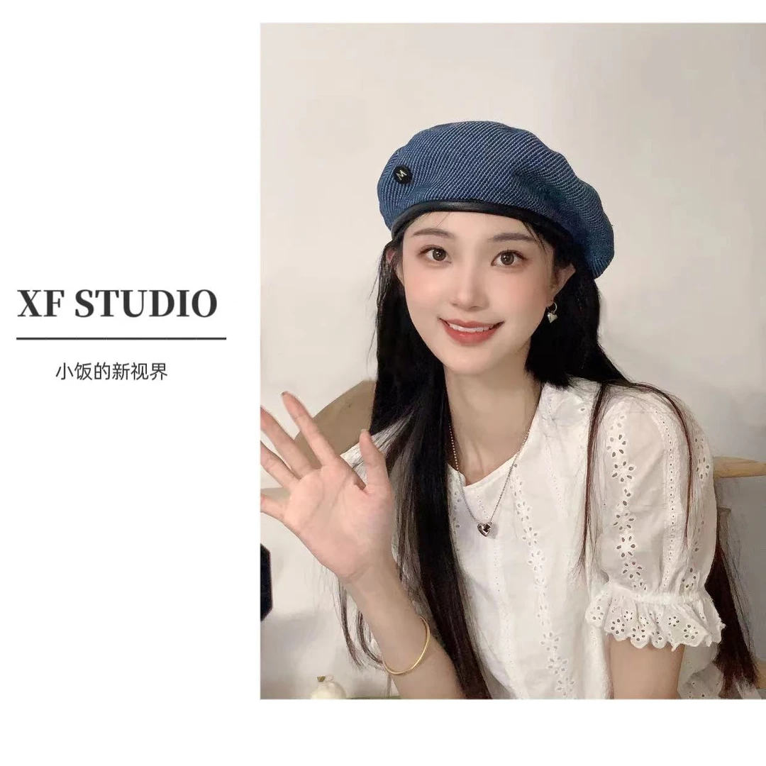 【XF STUDIO】小饭家百搭户外M标皮边牛仔秋冬款时尚蓓蕾帽