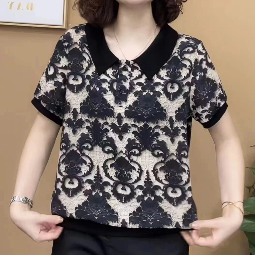 时尚洋气减龄短袖上衣T恤大码女装夏季新款翻领宽松休闲打底小衫