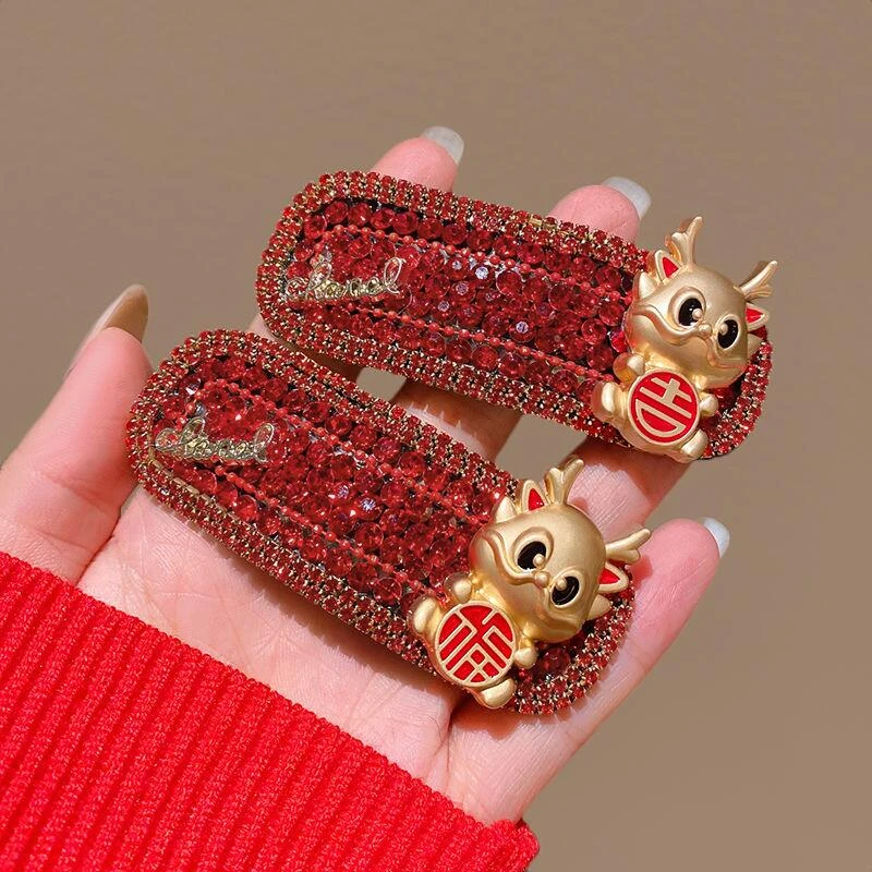 水钻新年龙年红色发夹女后脑勺边夹2024新款侧边刘海一字夹本命年