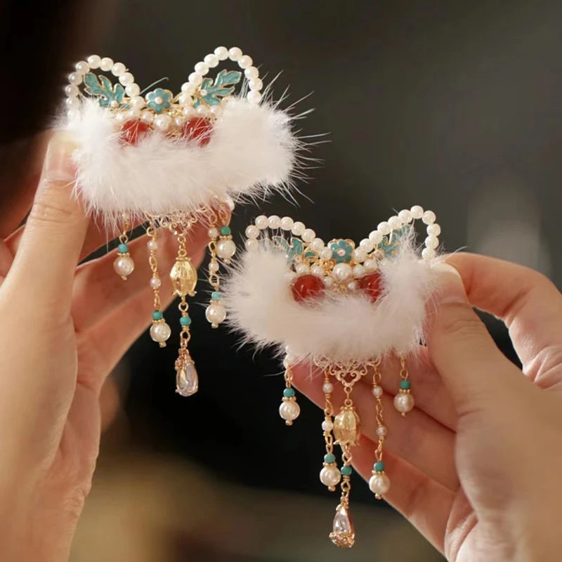 醒狮流苏新年发夹女后脑勺夹子汉服古风日常配饰红色可爱毛绒头饰