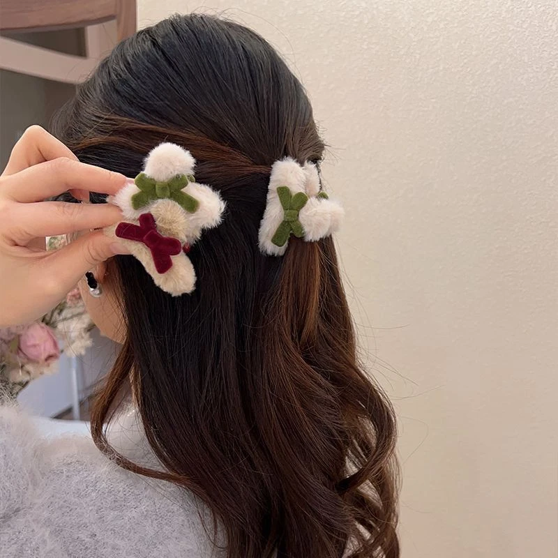 秋冬新品毛茸茸蝴蝶结抓夹简约百搭小发夹迷你红色发饰女侧边夹