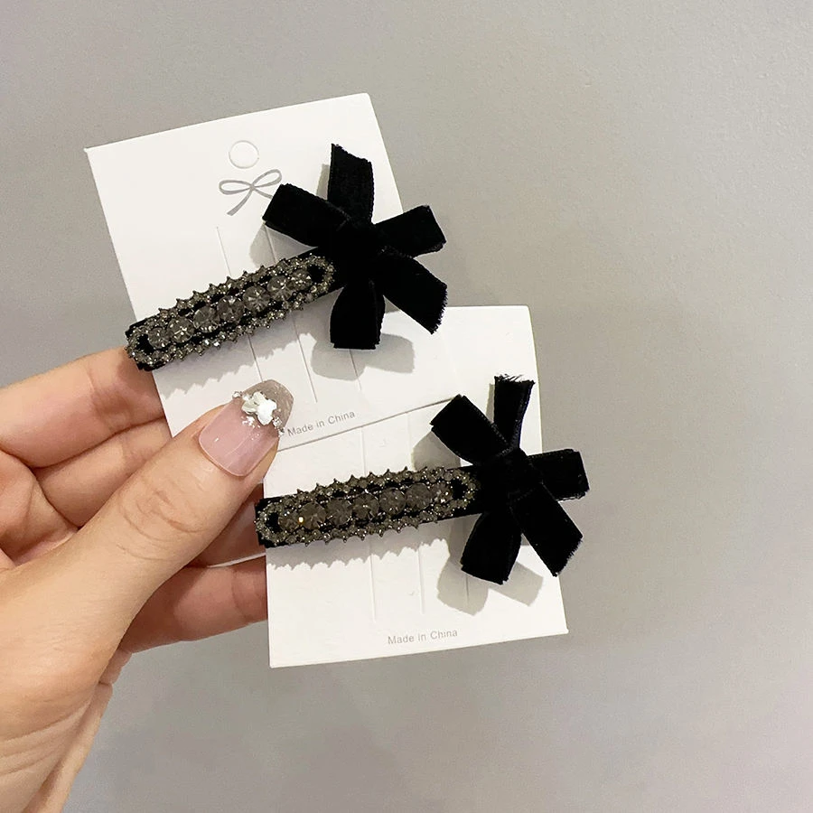 气质秋冬丝绒蝴蝶结鸭嘴夹小香风灰色水钻发夹侧边夹刘海夹碎发卡