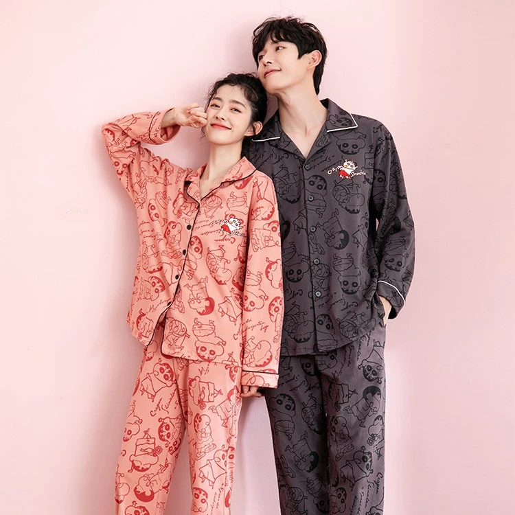 睡衣女长袖长裤情侣翻领刺绣绣花可爱卡通网红爆款男士家居服