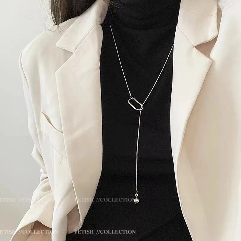 钛钢项链 【T45】时尚百搭可调节银色简约一体项链气质毛衣链