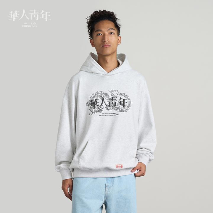 華人青年盘龙连帽卫衣发泡LOGO运动宽松印花时尚休闲新潮男装