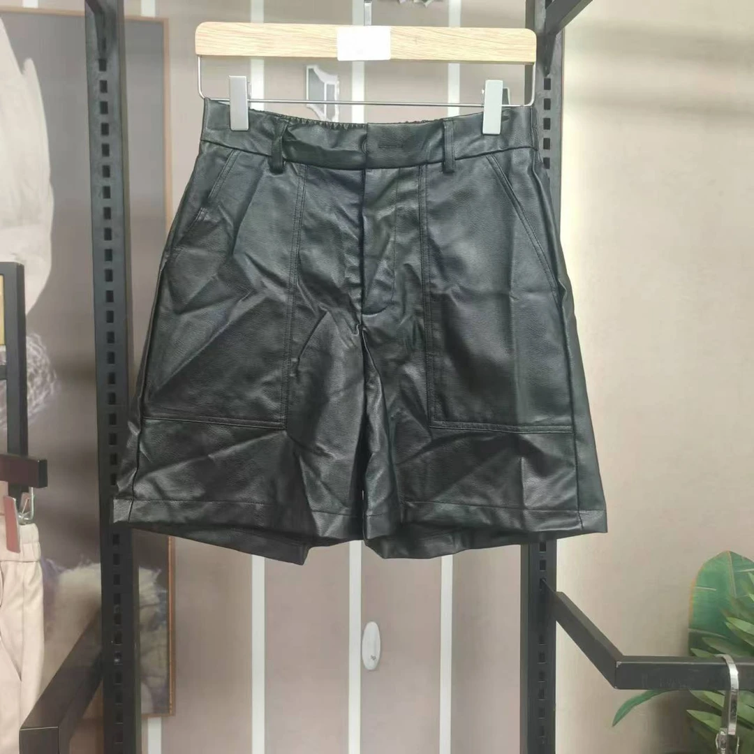 【皱皱的】高腰A字阔腿pu短裤