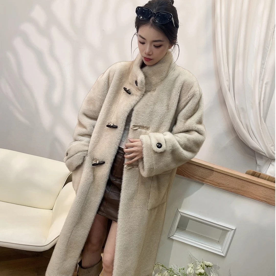 【杭悦家105长】双色北极绒冬季牛角扣超长款女士立领宽松大衣外套