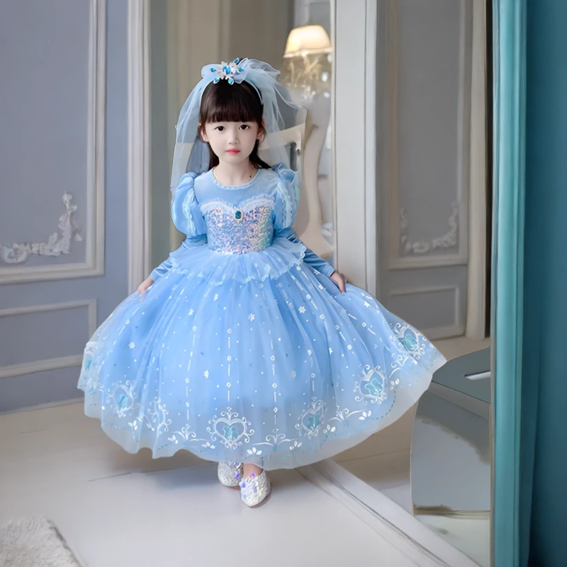 3-6岁春秋款艾莎公主裙秋季长袖蓝色女童公主裙子洋气网纱连衣裙2