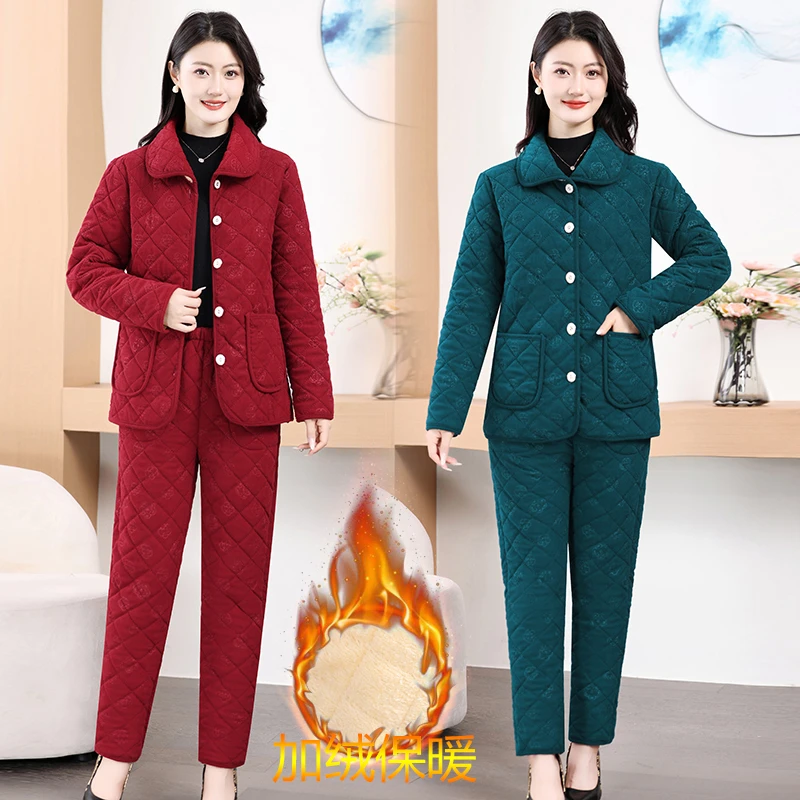 妈妈棉衣棉裤两件套秋冬新款中老年加绒加厚居家服时尚保暖套装女