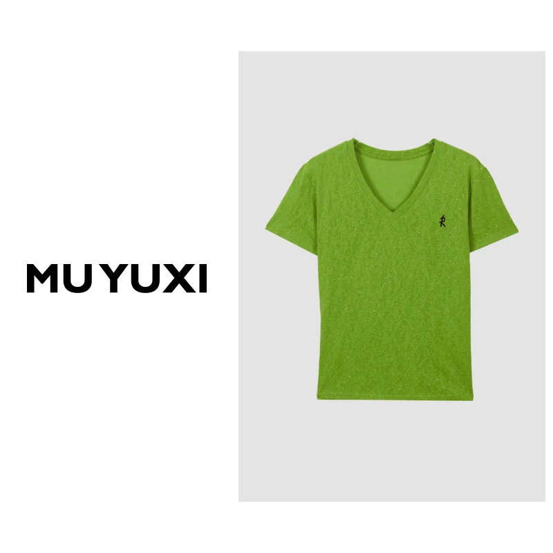 MU YUXI YU  2024春夏新款夏季绿色V领R字母上衣 AE714