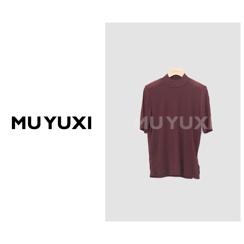 MU YUXI 酒红色半高领水溶上衣 SB760