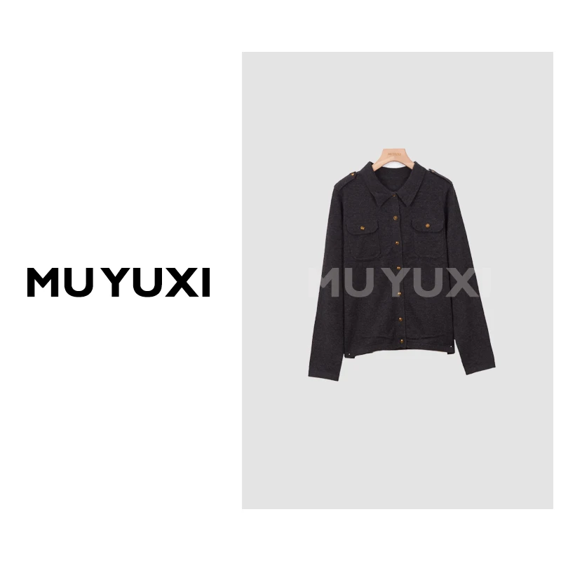 MU YUXI  2024春夏新款翻领深灰开衫上衣 AF585