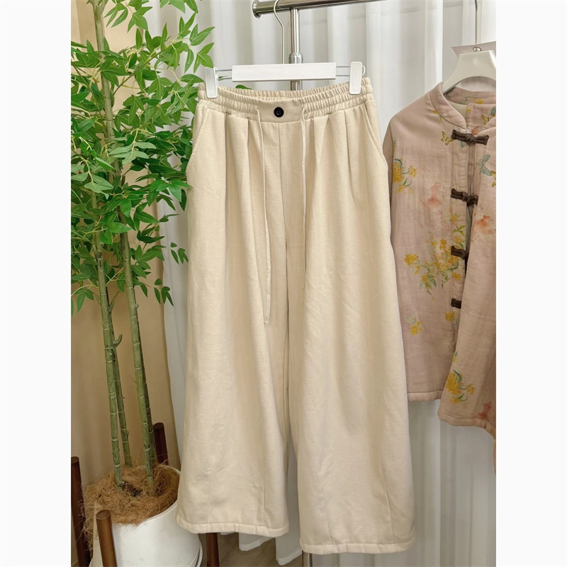 冬季苎麻新款休闲百搭简约文艺风加绒加厚抽绳阔腿长裤女