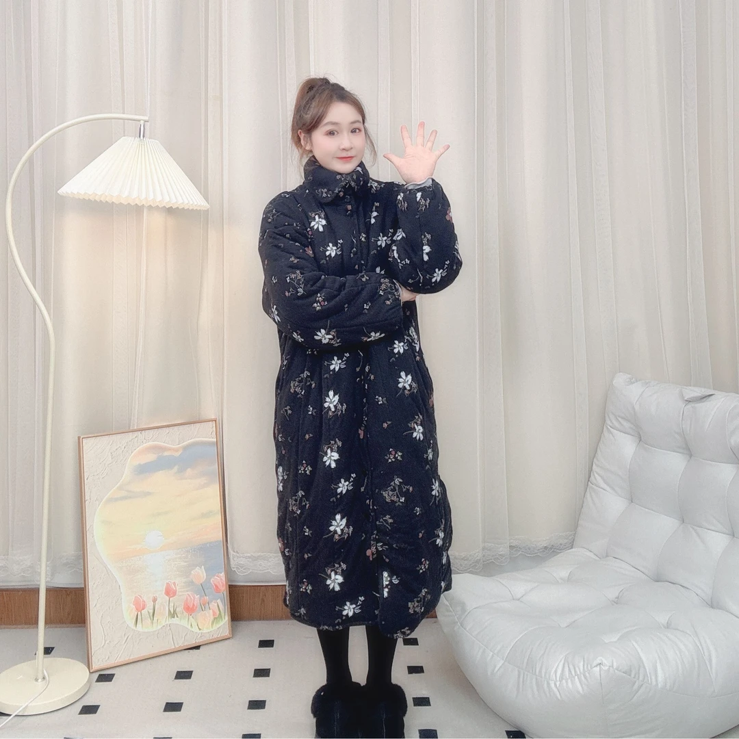 SANYUE新疆棉棉花【黑底小花朵立领长款】宽松家居服保暖棉服