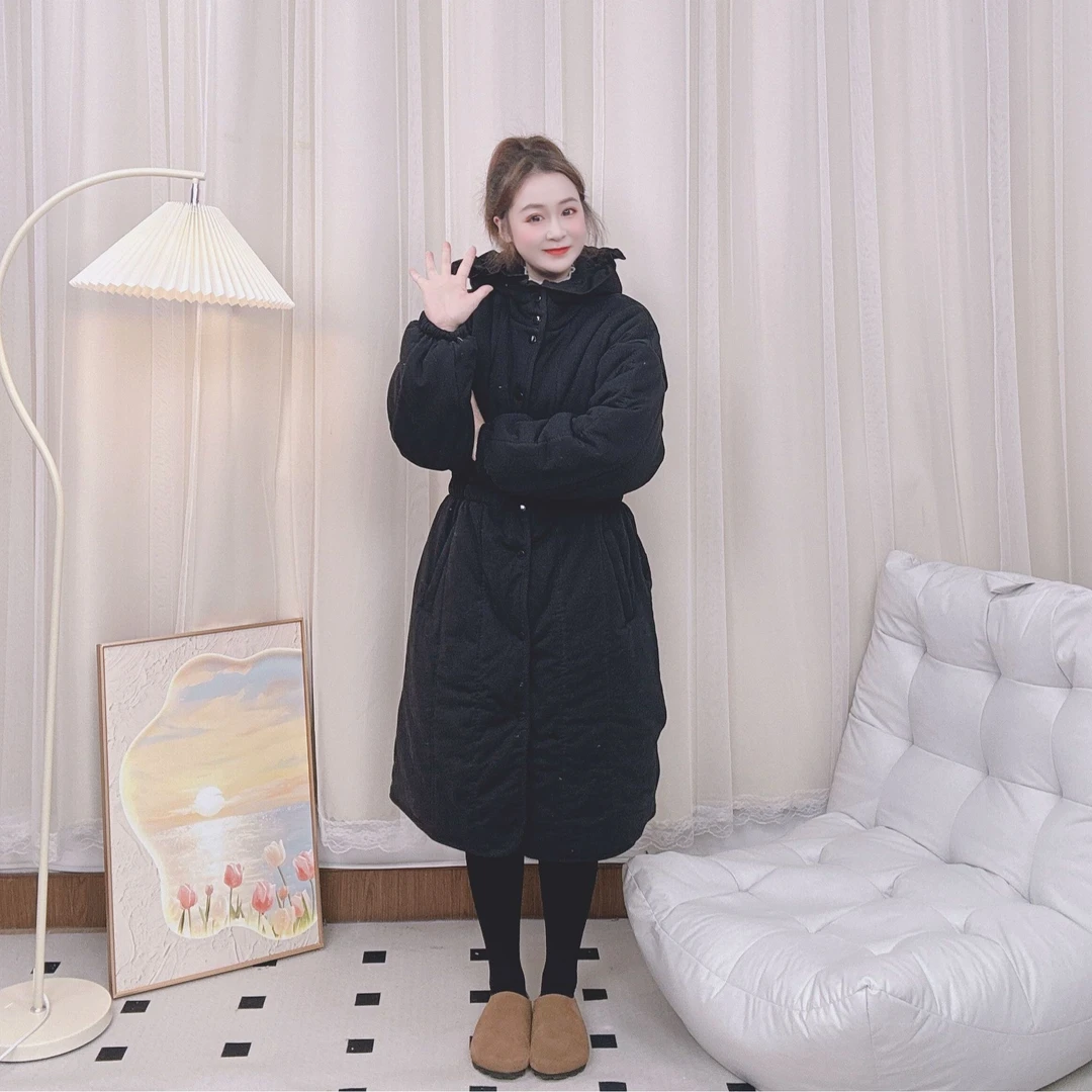 SANYUE新疆棉棉花【黑色花边帽中长款】宽松家居服保暖棉服