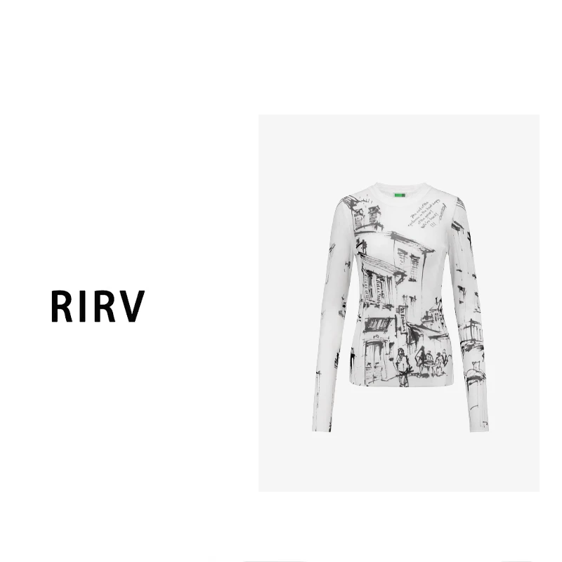 RIRV时髦-水墨皮肤衣打底衫长袖白色针织时尚百搭打底印花薄款