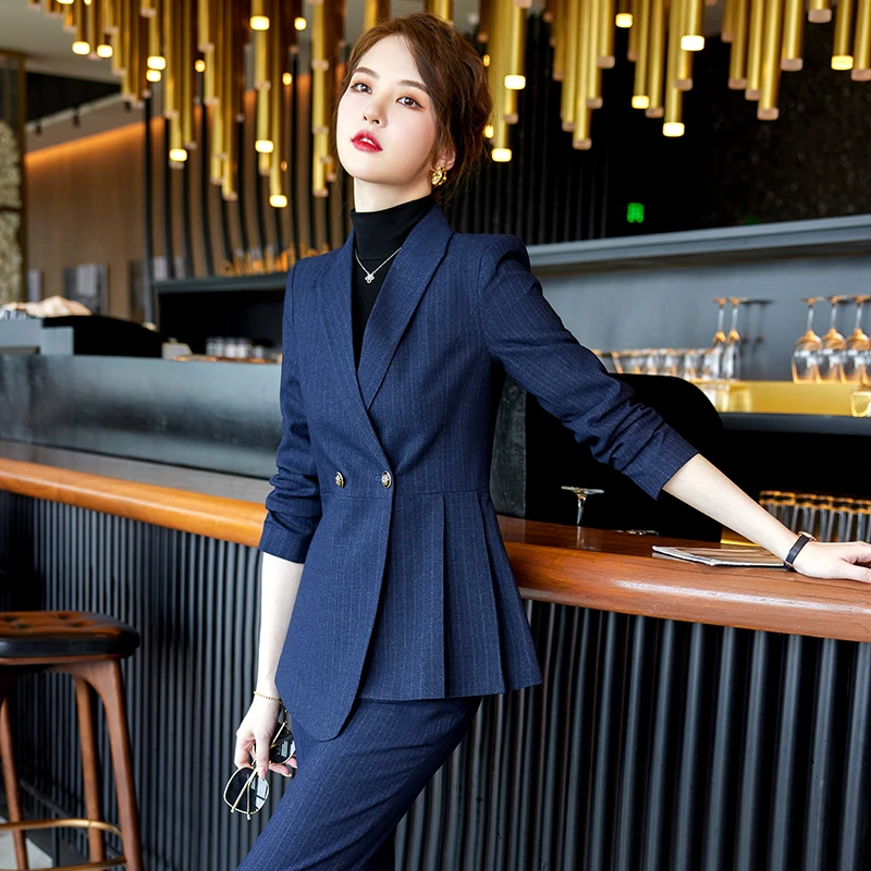 高级感职业装时尚条纹西装套裤气质女神范总裁职场正装前台工作服