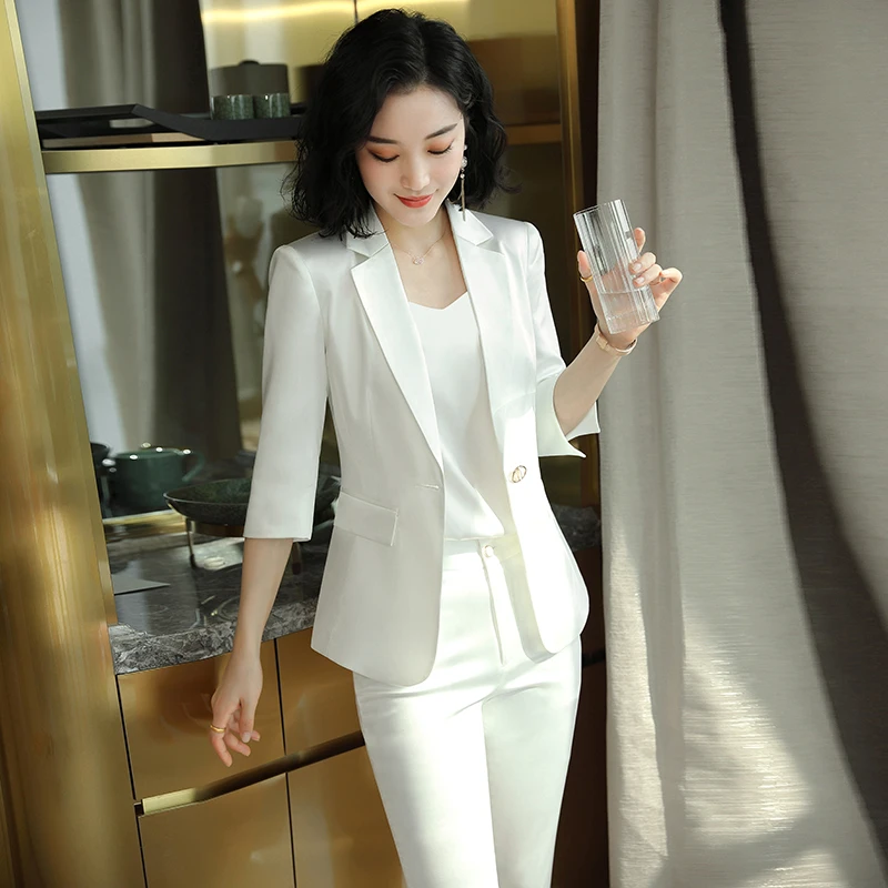 醋酸缎面白色高级感西装外套女七分袖韩版气质短款小个子西服春秋