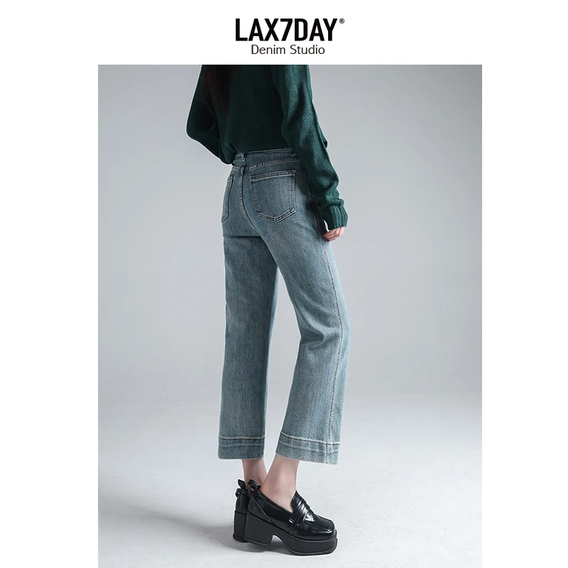 LAX7DAY八分直筒阔腿牛仔裤夏季新款宽脚口时尚高腰显瘦烟管裤