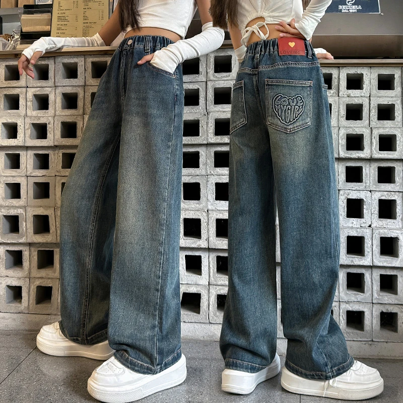 女童裤子春秋装2024新款女大童直筒阔腿裤儿童长裤初中生牛仔裤潮