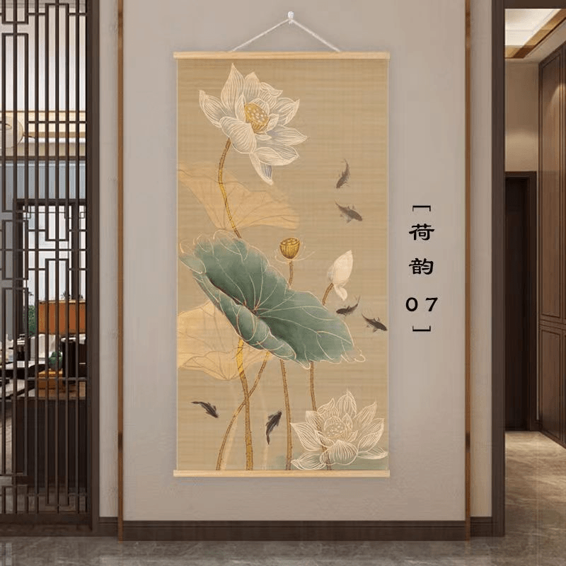 竹帘片卷轴挂画荷花复古新中式荷花韵画I客厅玄关茶室沙发背景装