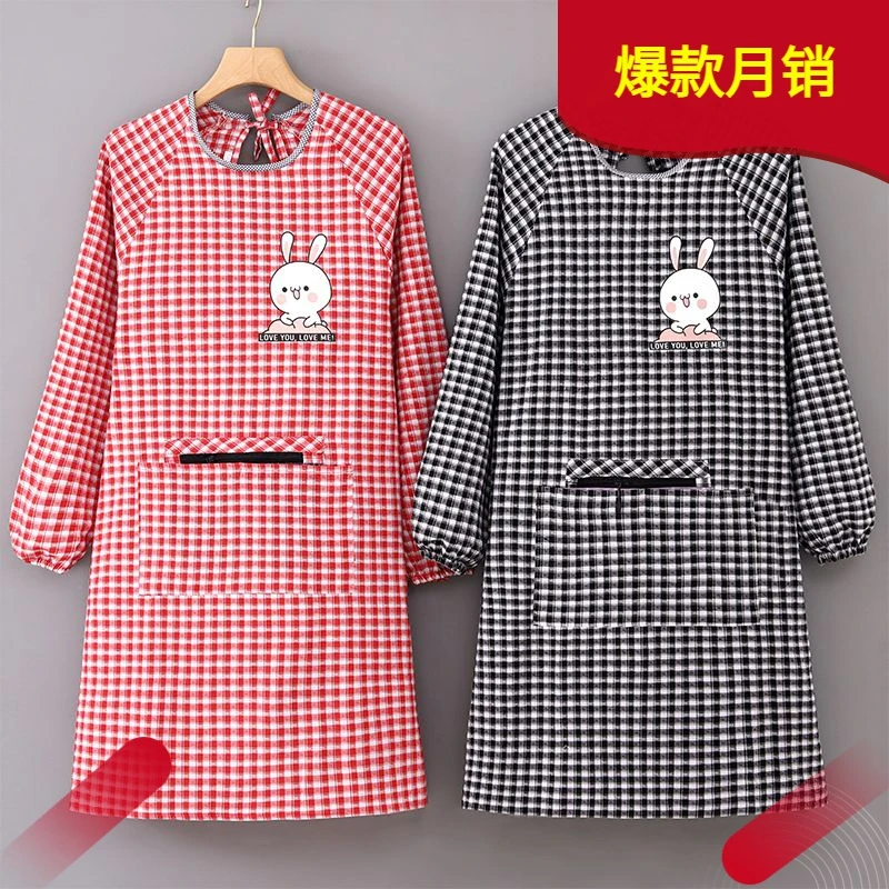 时尚纯棉围裙女长袖厨房家用做饭透气耐磨大人罩衣拉链口袋反穿衣