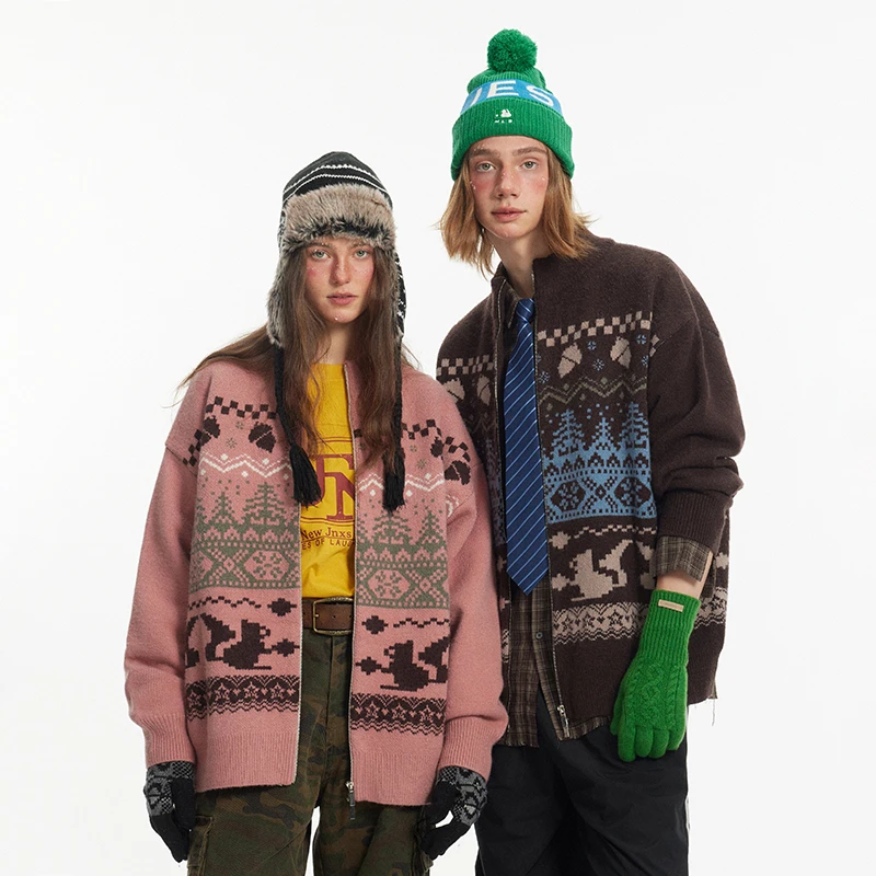 江南先生提花毛衣开衫男女秋季潮牌宽松休闲针织衫外套JN44J10