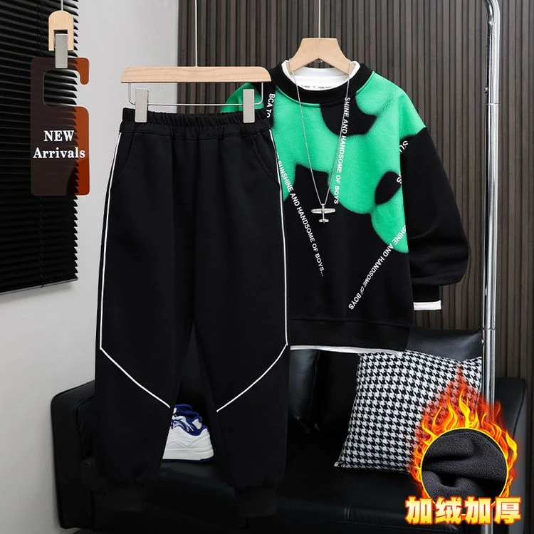 男童冬装加绒套装新款儿童冬季男孩加厚两件套运动帅气中大童潮