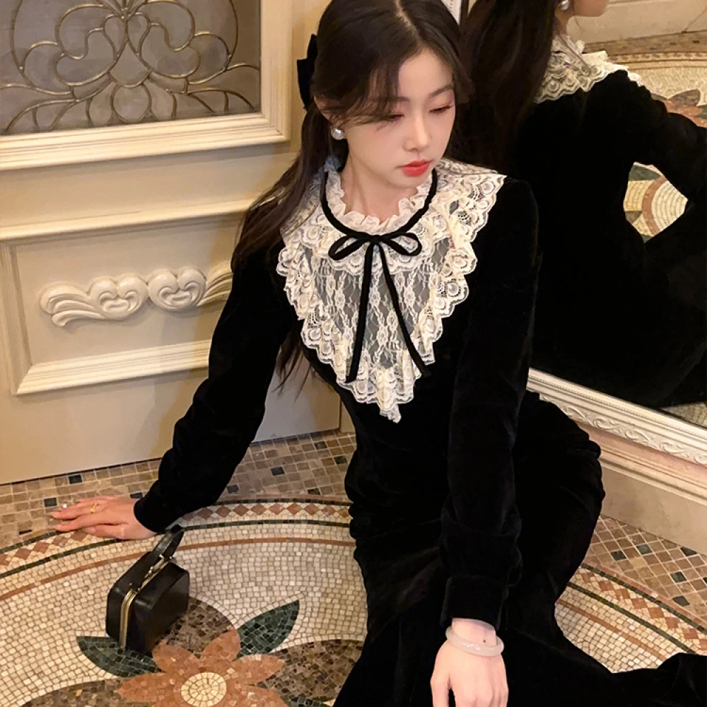 EIA一尧【赫本序曲】法式优雅高级丝绒连衣裙女气质复古鱼尾黑裙