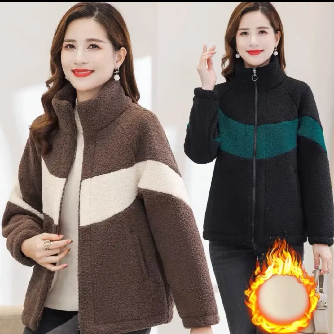 妈妈装2022冬季女新款洋气加绒加厚拼色颗粒绒外套羔羔毛立领上衣