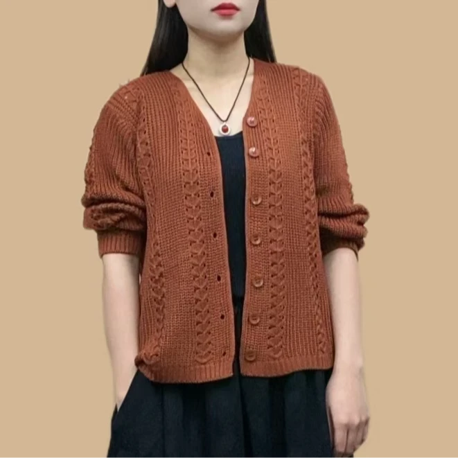 2025春秋装新款v领复古宽松绞花针织开衫超好看百搭上衣外套打底