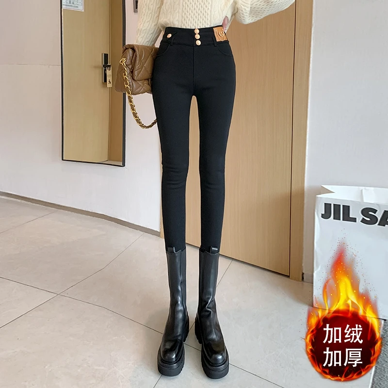 小黑裤2022冬季新款加绒加厚高弹洗水工艺高腰排扣修身小脚裤9975