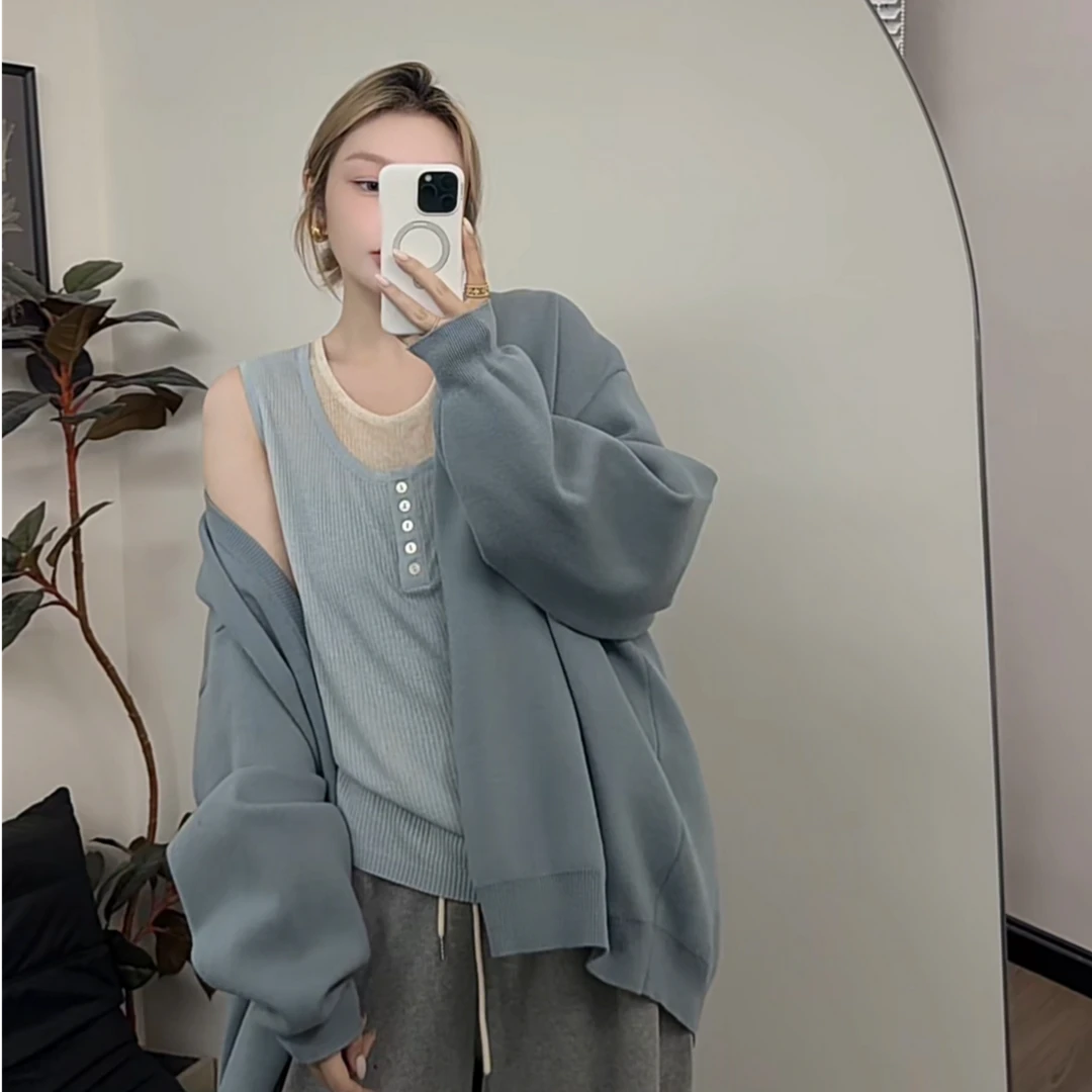 【瘦瘦】撞色假两件针织背心女外穿韩系宽松打底无袖上衣S0863