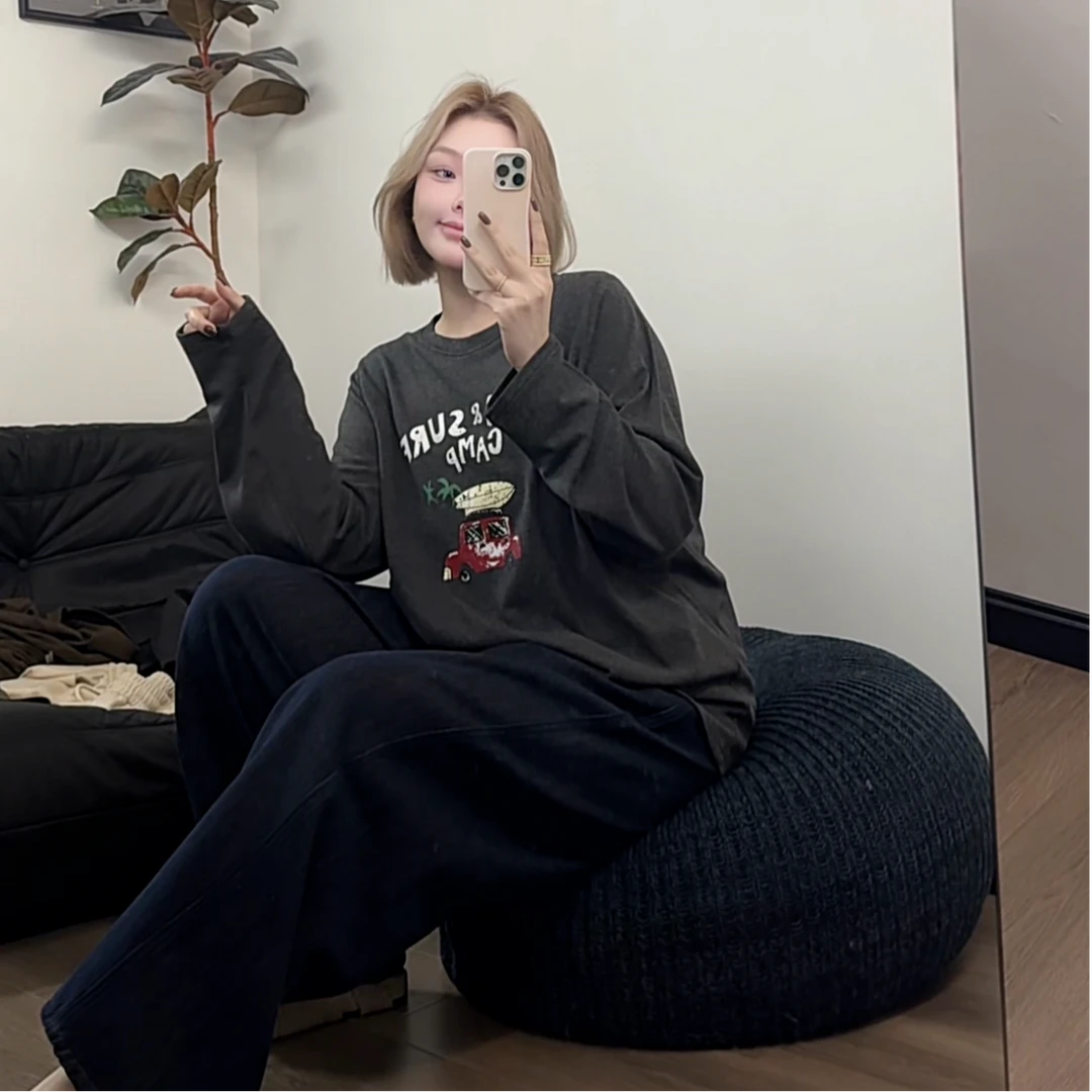 【瘦瘦】字母小汽车-秋冬大码两色圆领卡通印花磨毛长袖打底S01112