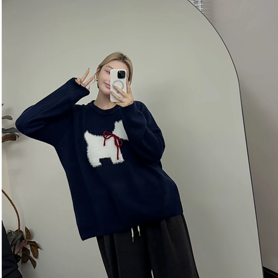 【瘦瘦】绒绒小狗-秋冬两色圆领西高地小狗插肩袖套头毛衣S01058