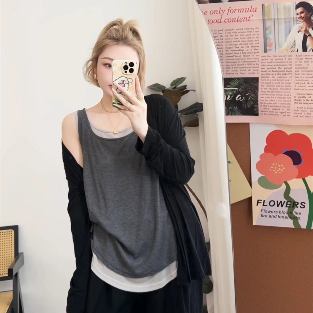 【瘦瘦】夏季纯色假两件大码粗肩带吊带背心亲肤无袖百搭打底S0534