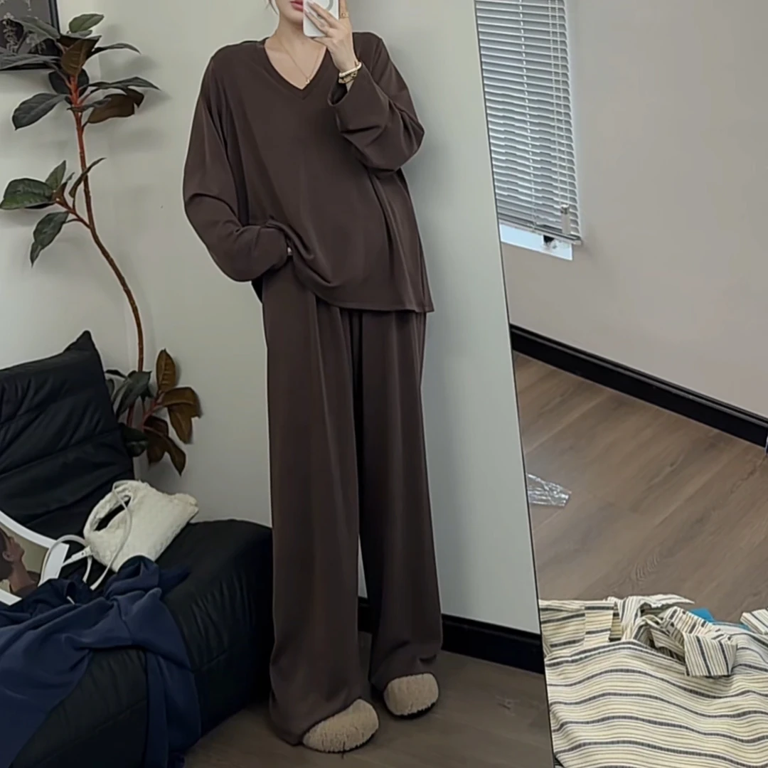 【瘦瘦】休闲慵懒风套装V领显瘦长袖上衣+高腰阔腿拖地休闲裤S0857