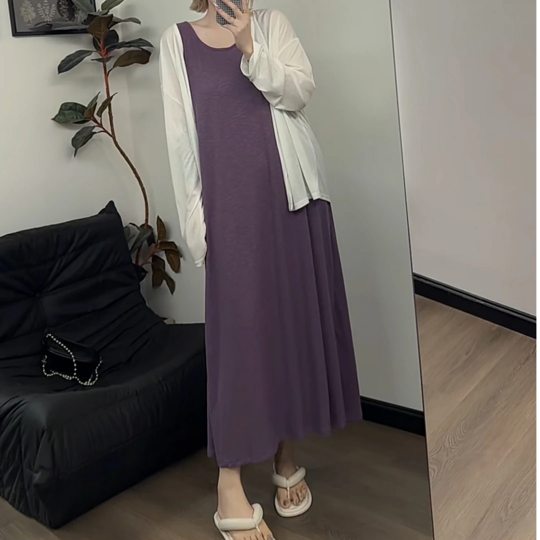 【瘦瘦】夏季百搭纯色吊带连衣裙大码显瘦百搭背心长裙软糯S0747
